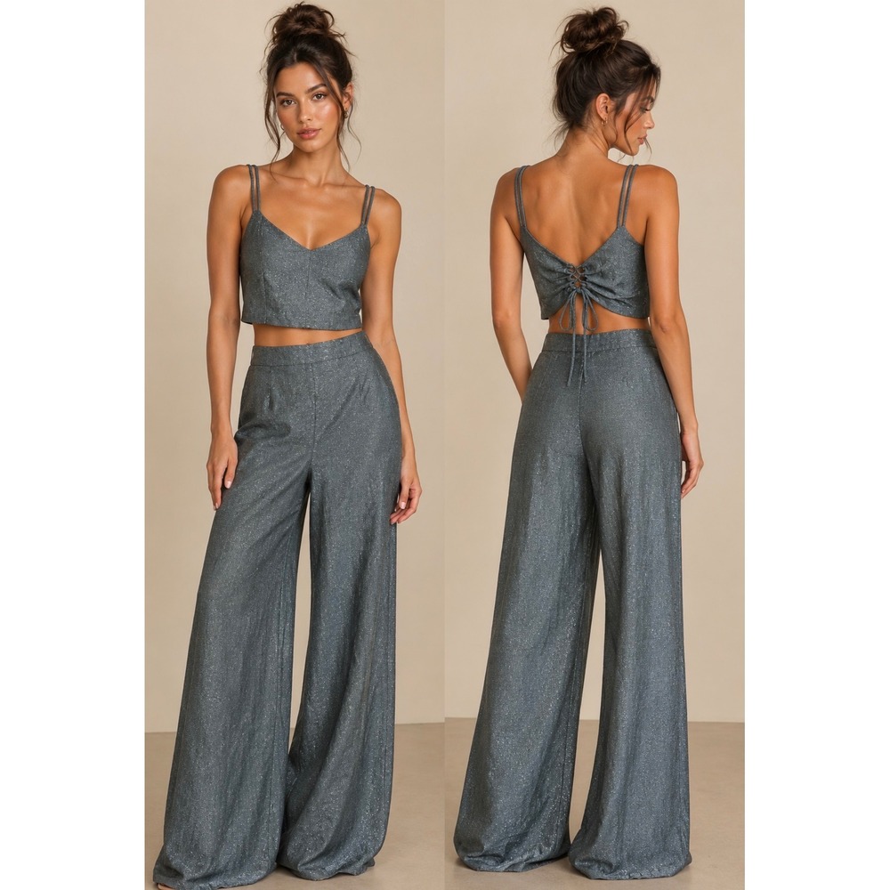 Lulus Two Piece Set Women XL Blue Metallic Cami Wide Leg Pants Excellent Sparkle